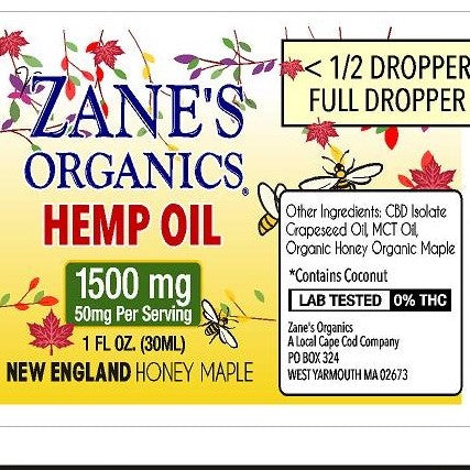 Zane's Organics Honey maple flavored 1500mg CBD Hemp Oil