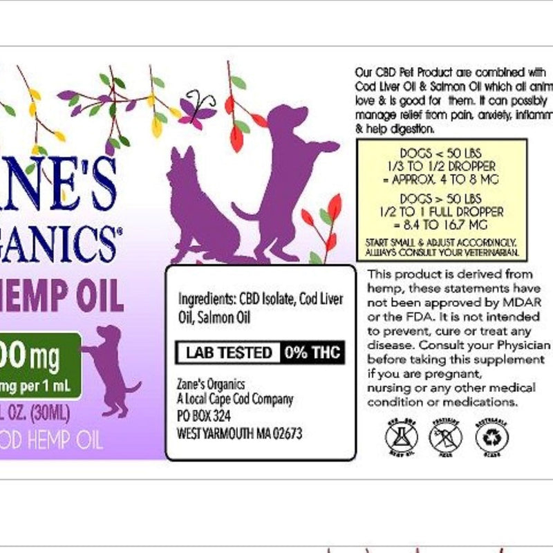 Zane's Organics Pet CBD oil 500mg.